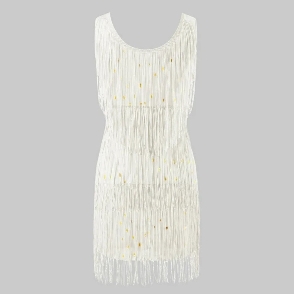 White Fringe Dress with gold accents